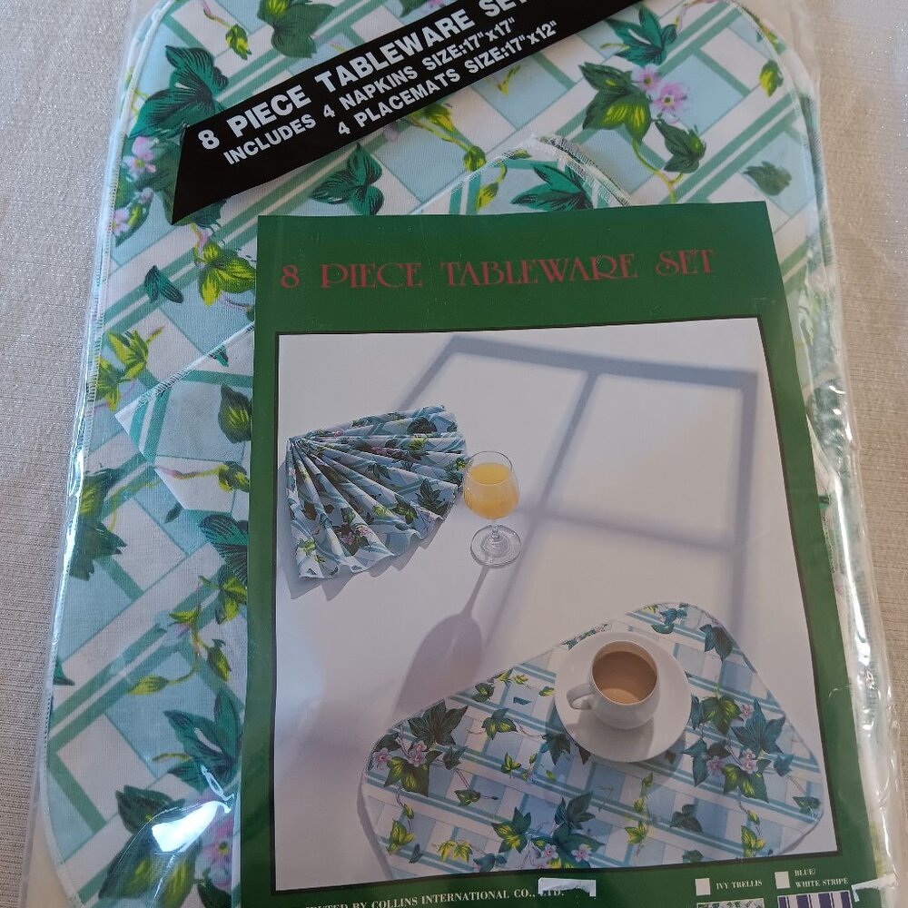 Vintage Ivy Leaves Flowers 8 pc set table napkins placemats NIP Taiwan Retro